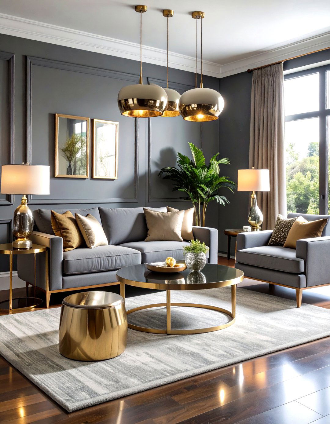Metallic Highlights Add Glam to a Gray Living Room - 20 Gray Living Room Ideas
