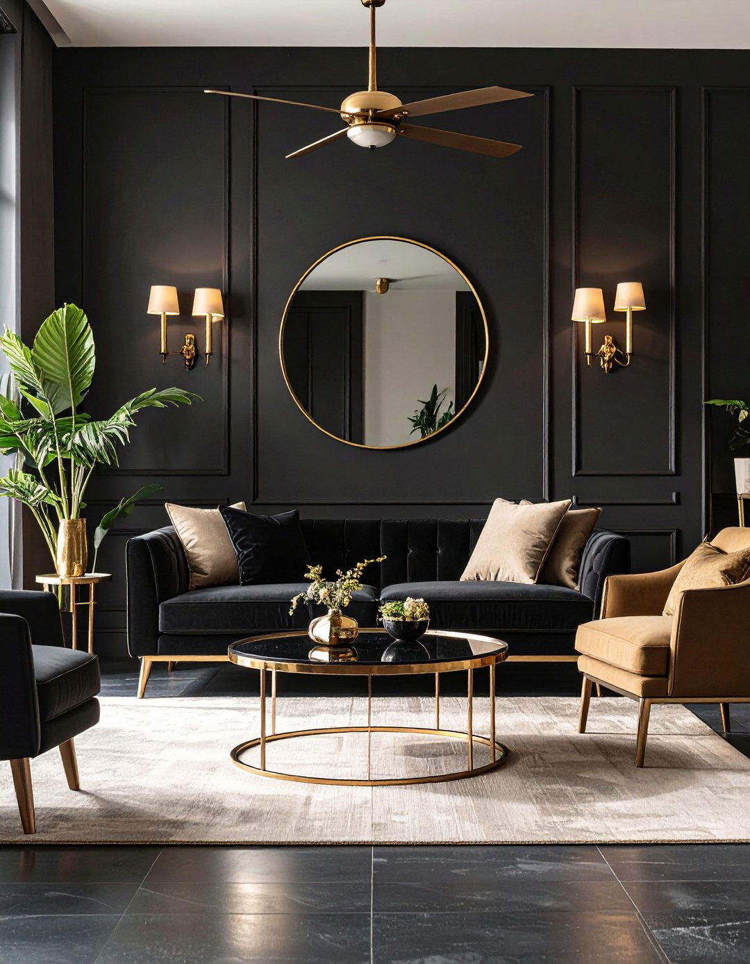 Metallic Highlights Brighten the Black Living Room - 20 Black Living Room Ideas