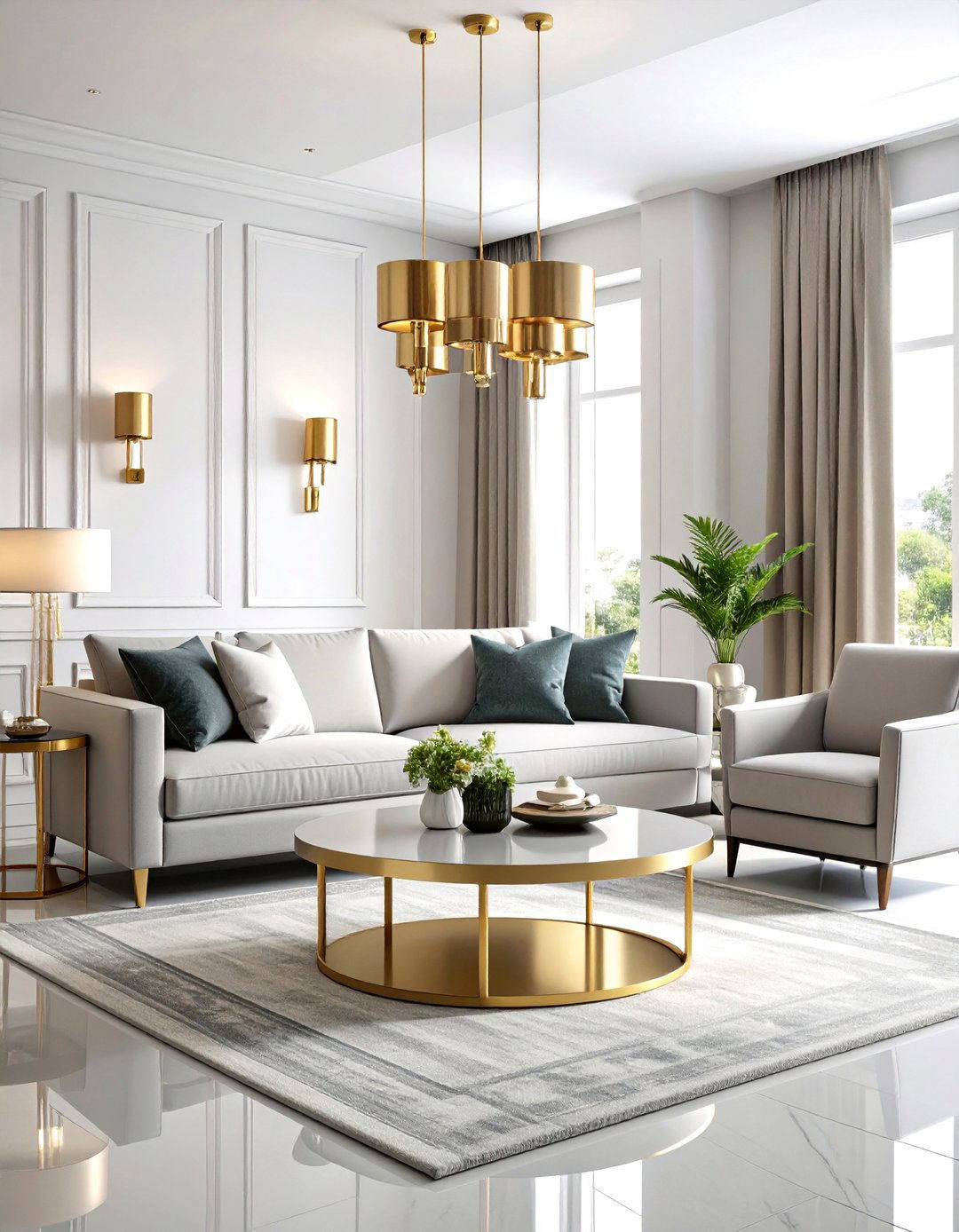 Metallic Highlights Warm a Grey and White Living Room - 20 Grey and White Living Room Ideas