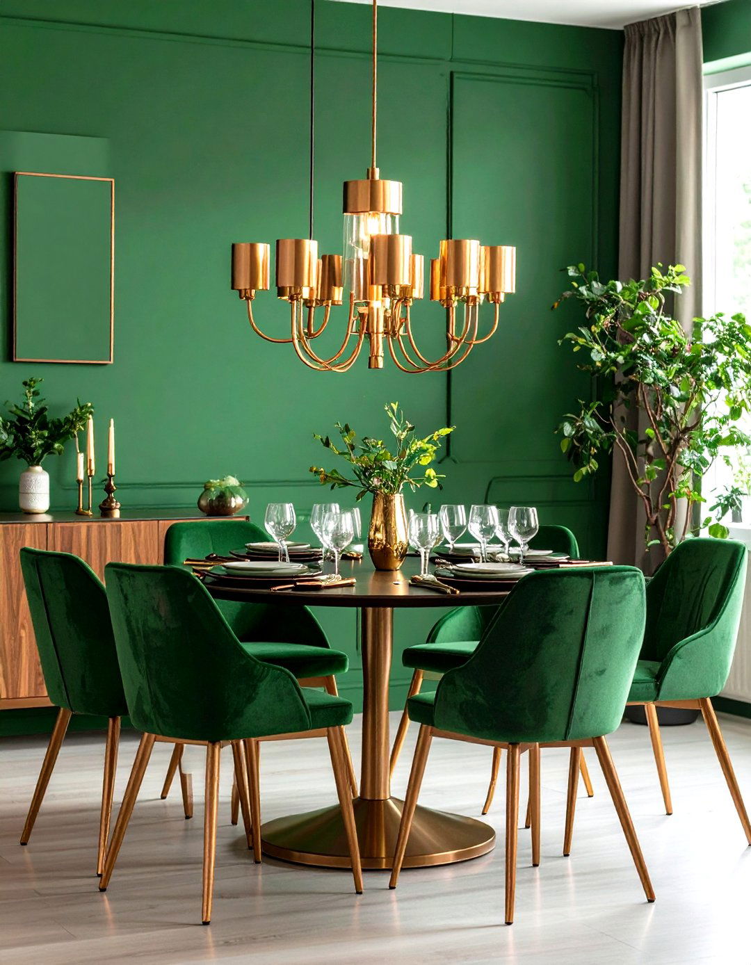 Metallic Lighting to Highlight a Green Dining Room - 20 Green Dining Room Ideas
