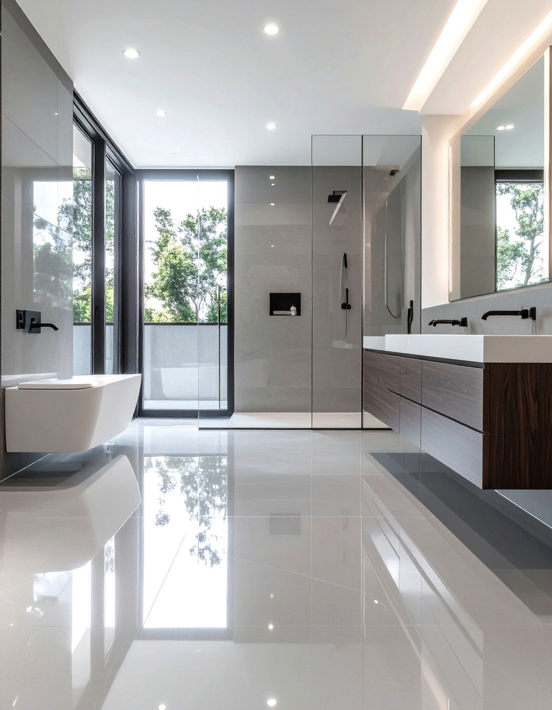 Metallic Sheen Gray Epoxy Reflects Light - 20 Gray Floor Bathroom Ideas