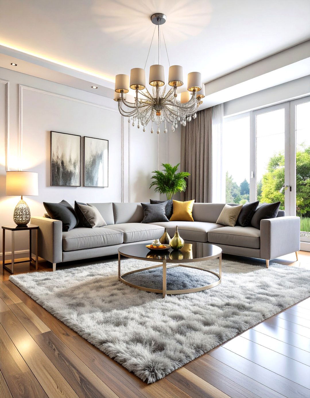Metallic Silver High Low Rug with a Grey Couch - 20 what color rug goes with a grey couch
