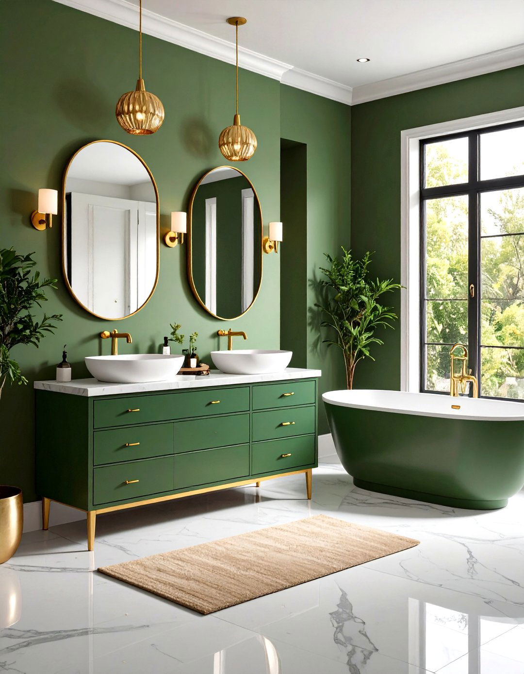 Mid Century Avocado Bathroom with Gold and Walnut - 20 Green and Gold Bathroom Ideas