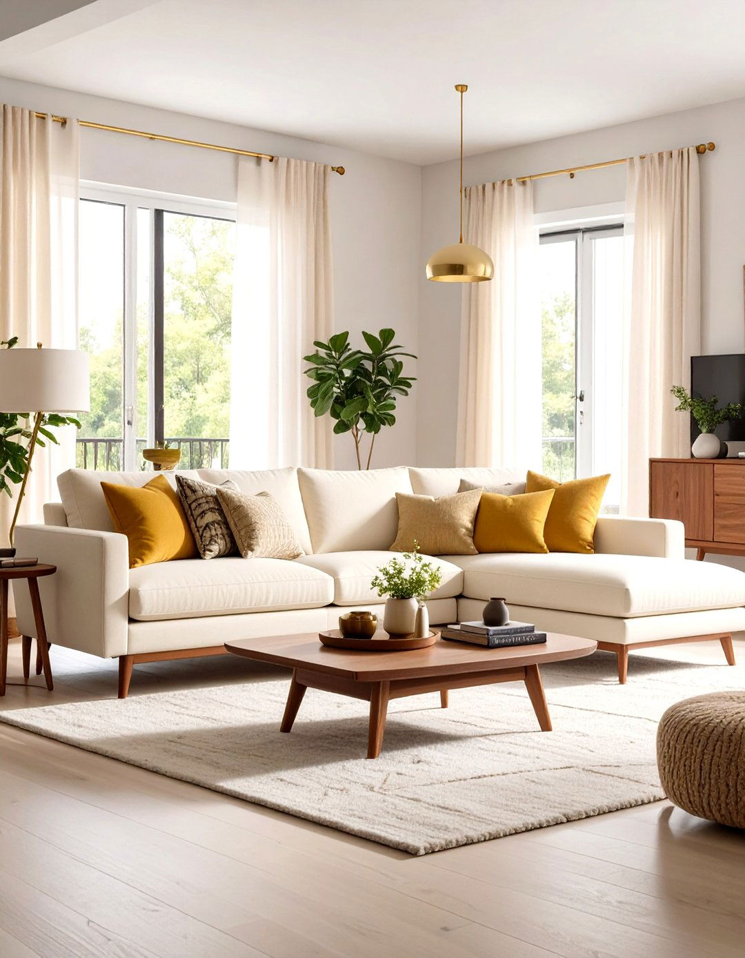 Mid Century Flair Cream Couch and Warm Woods - 20 Cream Couch Living Room Ideas