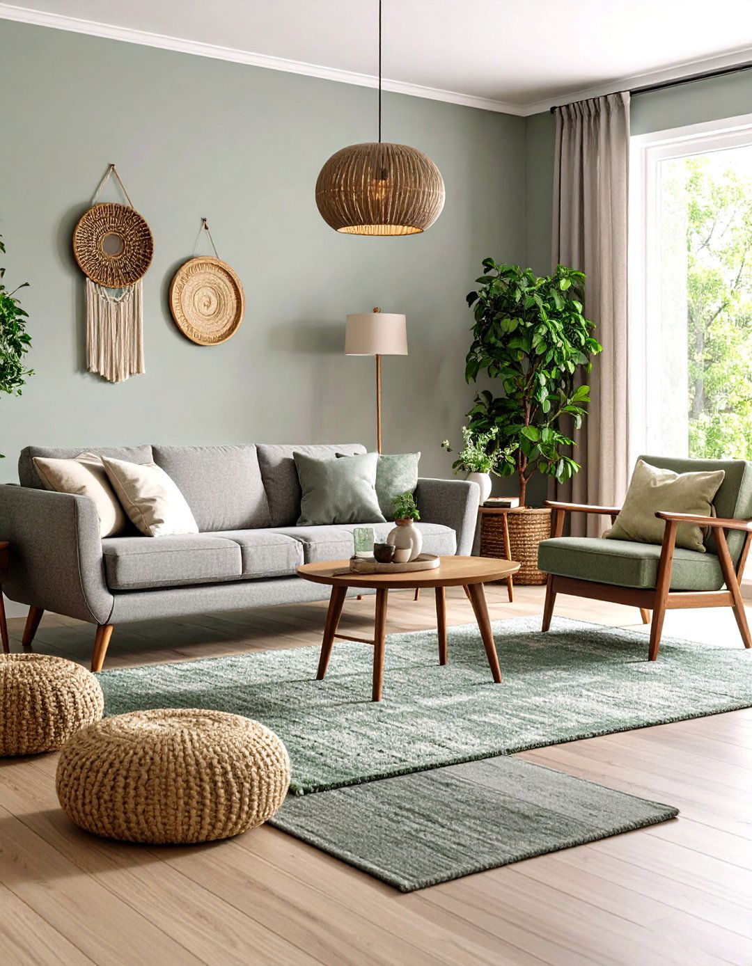Mid Century Flair with Sage Rug Under Grey Seating - 20 Grey and Sage Green Living Room Ideas