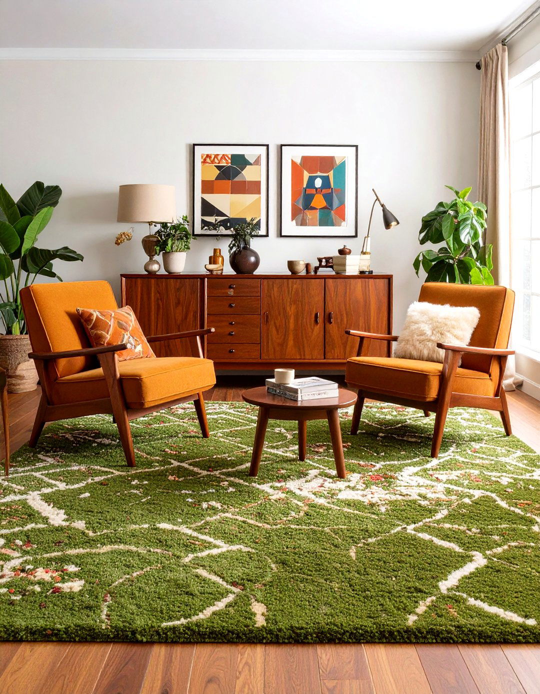Mid Century Furniture with Olive Green Carpet - 20 Green Carpet Living Room Ideas