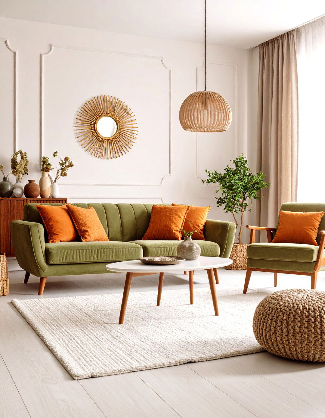 Mid Century Green and Orange Living Room with Walnut Wood Tones - 20 Green and Orange Living Room Ideas
