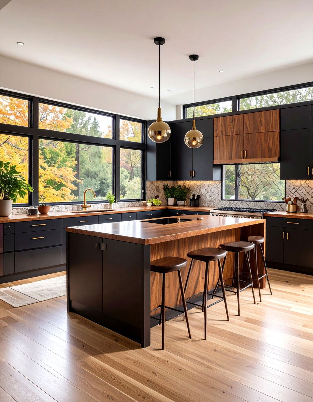 Mid Century Modern Kitchen With Black Cabinets And Teak Countertops - 20 Kitchen With Black Cabinets And Wood Countertops Ideas