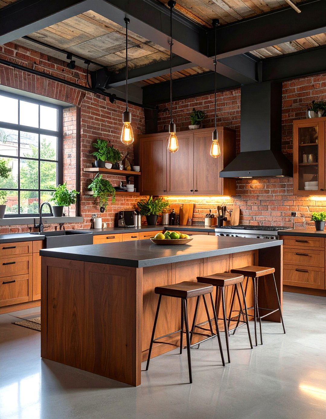 Mid Century Modern Kitchen with Walnut Brown Cabinets and Black Quartz Waterfall Island - 20 kitchen with brown cabinets and black countertops ideas