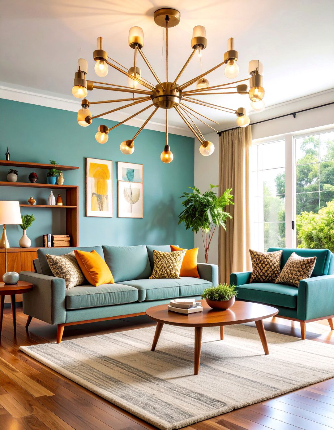 Mid Century Modern Living Room Ceiling Lighting with Atomic Starburst Fixtures - 20 Living Room Ceiling Lighting Ideas
