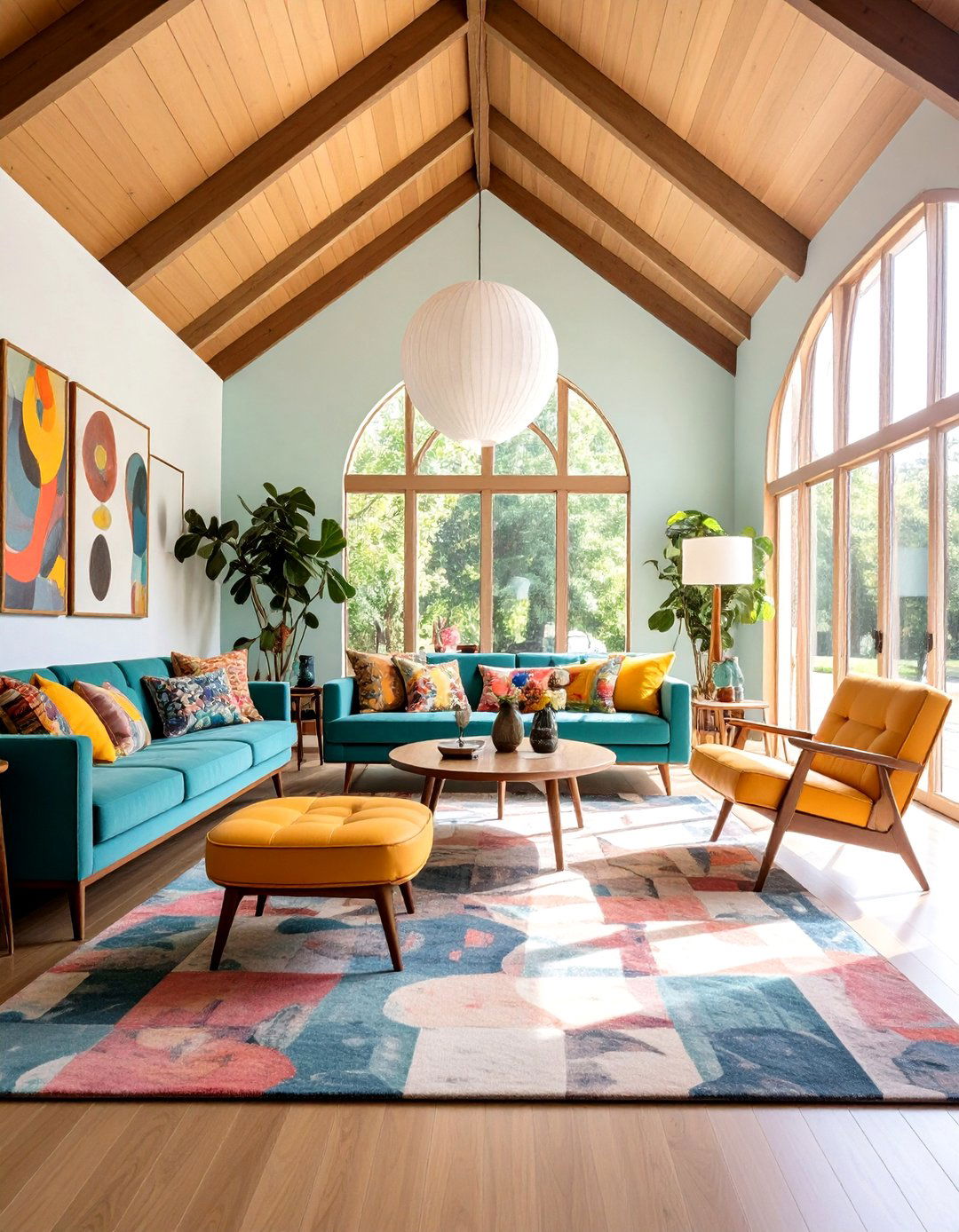 Mid Century Modern Living Room Vaulted Ceiling with Geometric Lines - 20 Living Room Vaulted Ceiling Ideas