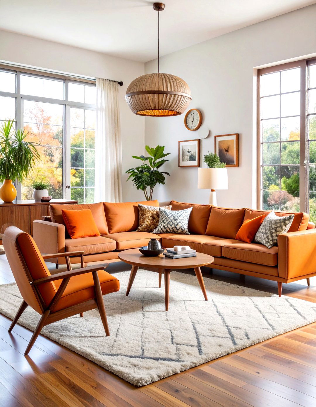 Mid Century Modern Orange and Grey Living Room with Iconic Furniture - 20 Orange and Grey Living Room Ideas
