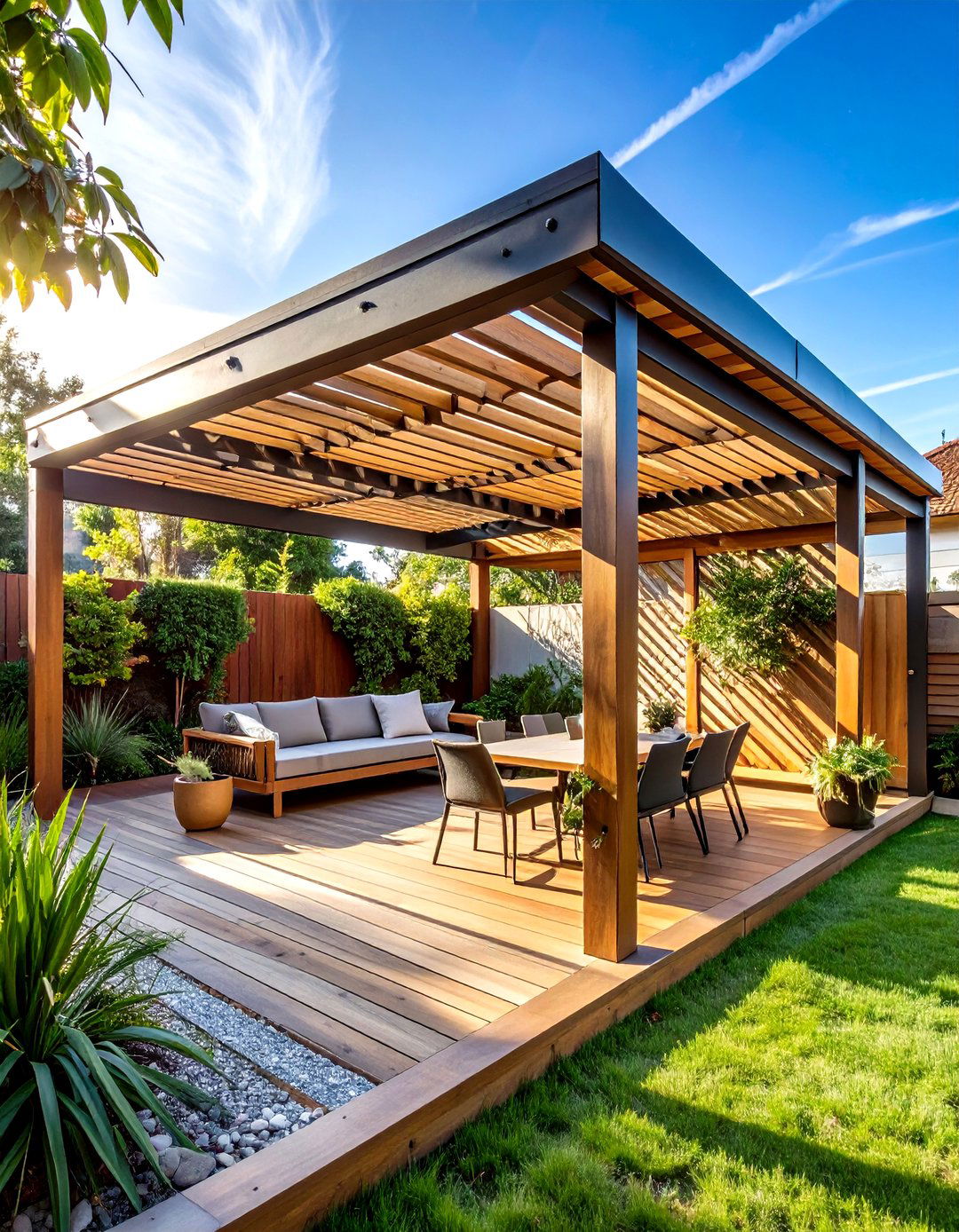 Mid Century Modern Patio Pergola with Geometric Patterns - 20 Patio Pergola Ideas