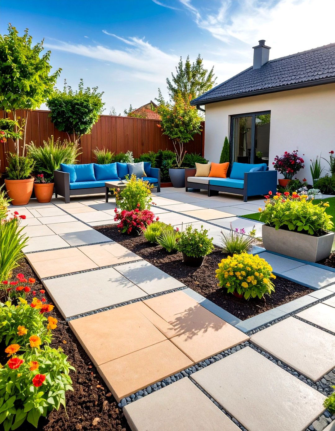 Mid Century Modern Patio with Modular Concrete Pavers - 20 Mid-century Modern Patio Ideas