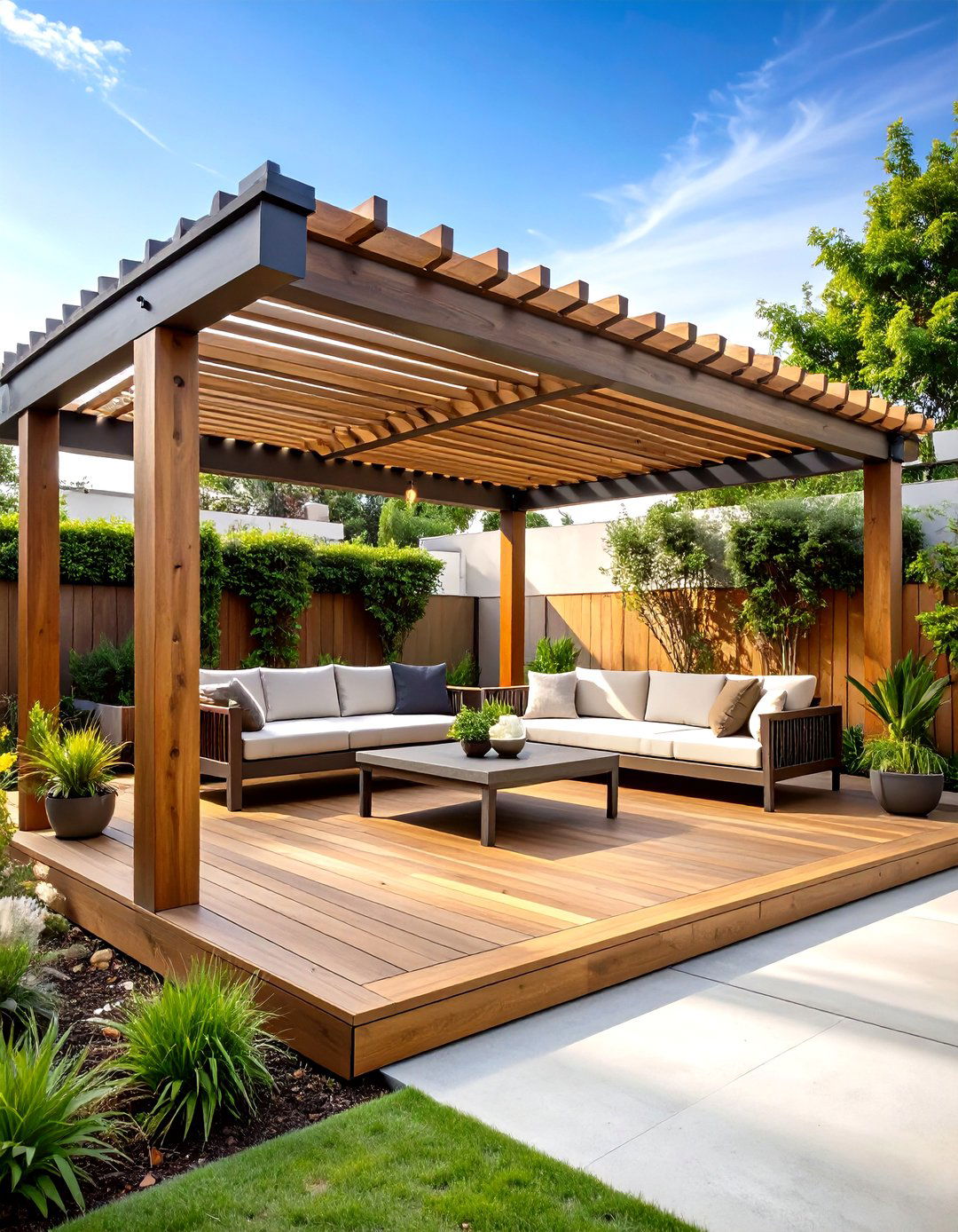 Mid Century Modern Patio with Steel and Wood Pergola - 20 Mid-century Modern Patio Ideas