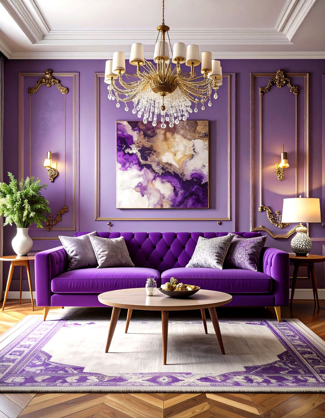 Mid Century Modern Purple Living Room with Violet Furniture - 20 Purple Living Room Ideas