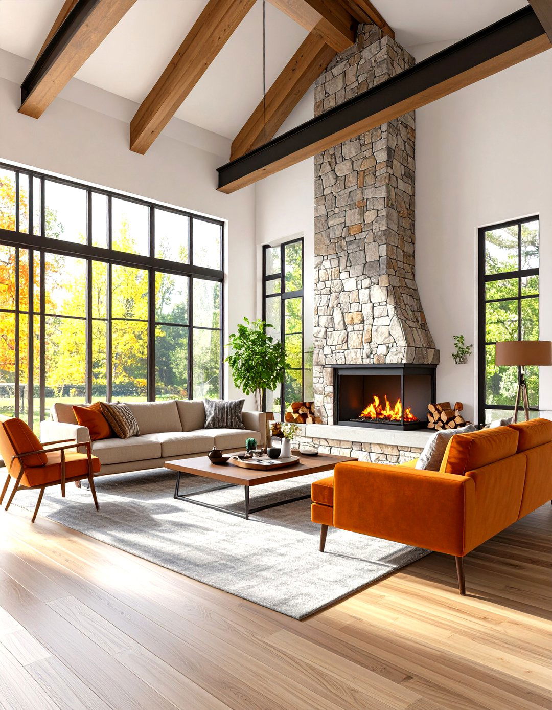Mid Century Modern Rooms With Fireplaces With Vaulted Ceilings and Floor to Ceiling Windows - 20 Rooms With Fireplaces With Vaulted Ceilings Features