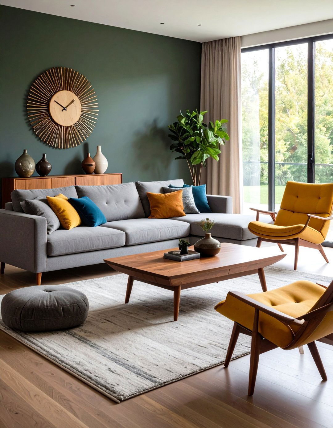 Mid Century Modern Touches around Grey Sectional - 20 Grey Sectional Living Room Ideas
