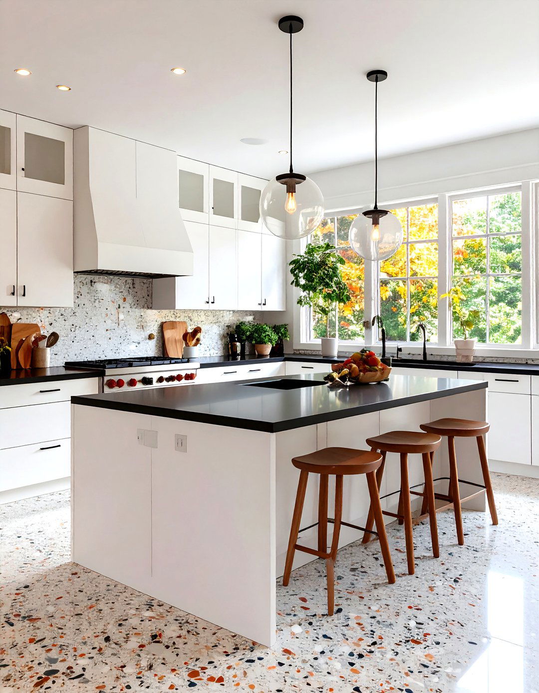 Mid Century Modern White Kitchen with Black Countertops - 20 white kitchen with black countertops ideas