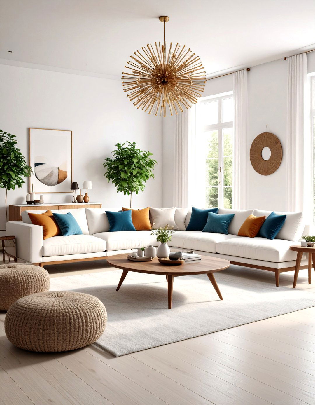 Mid Century Modern White Living Room with Walnut Accents - 20 White Living Room Ideas