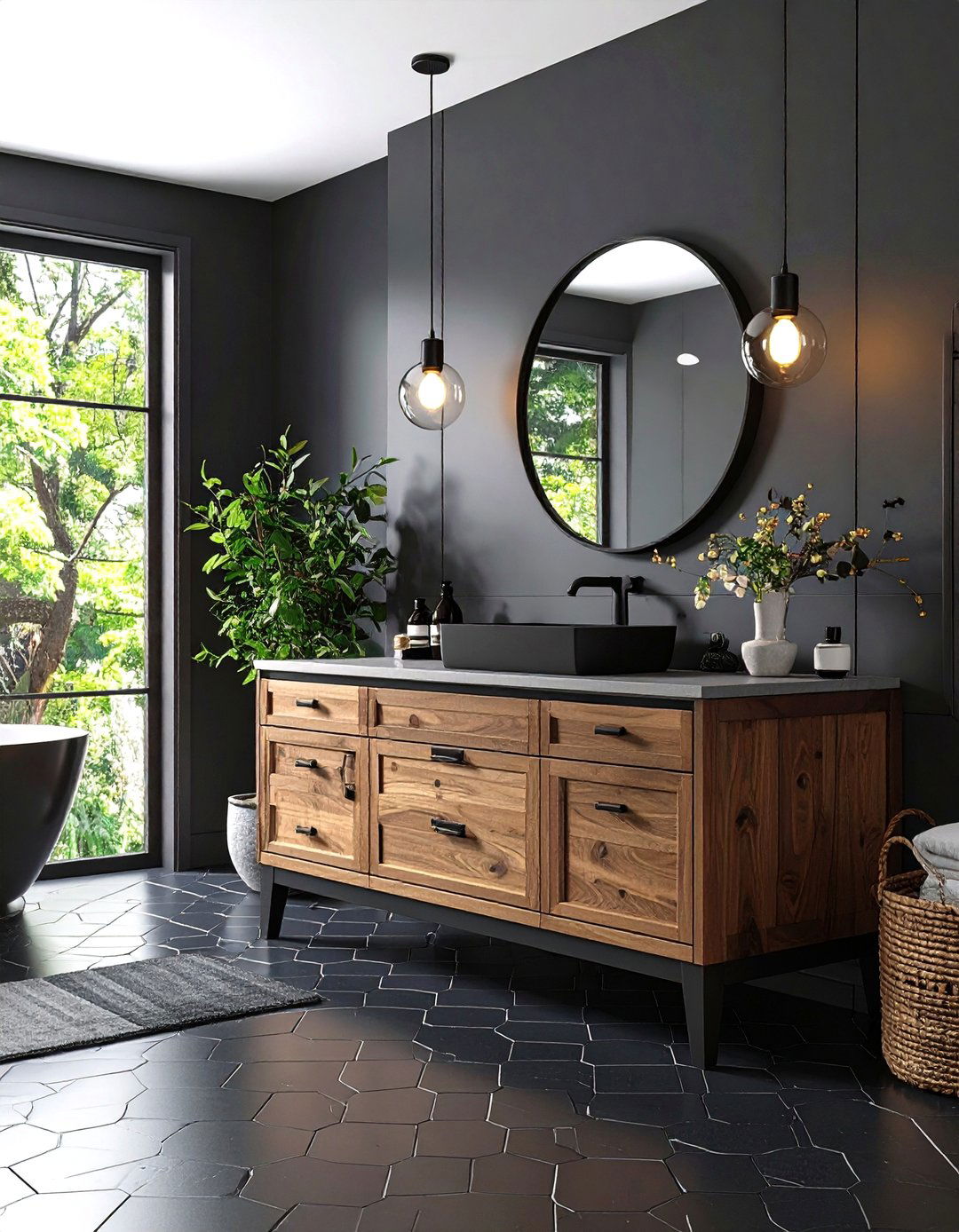 Mid Century Vibe via Ebony Hex Tiles and Plywood Vanity - 20 Black and Wood Bathroom Ideas