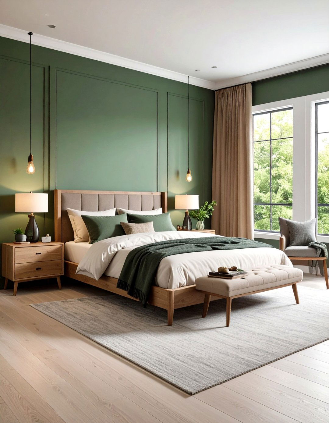 Mid Tone Sage Walls and Charcoal Accents - 20 Green and Grey Bedroom Ideas