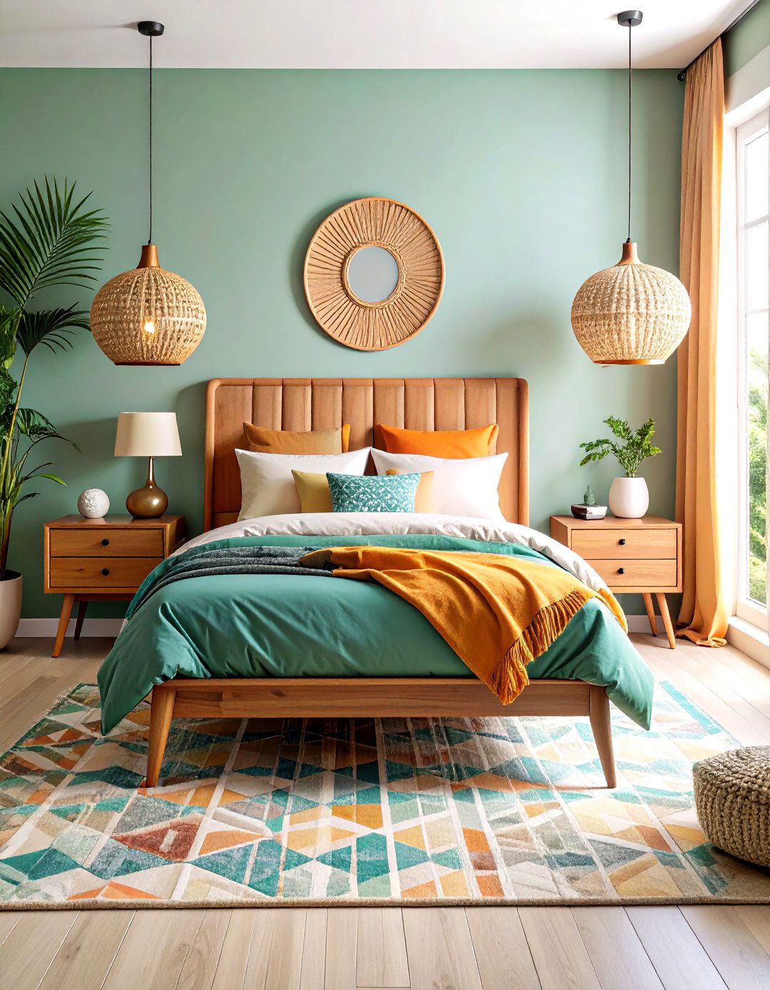 Midcentury Modern Bedroom with Burnt Orange Bedding and Retro Colors - 20 Midcentury Modern Bedroom Decorating Ideas
