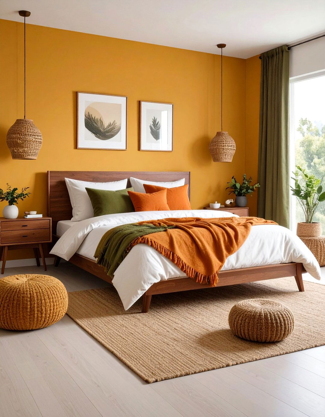 Midcentury Modern Bedroom with Olive Green Textiles and Natural Wood - 20 Midcentury Modern Bedroom Decorating Ideas