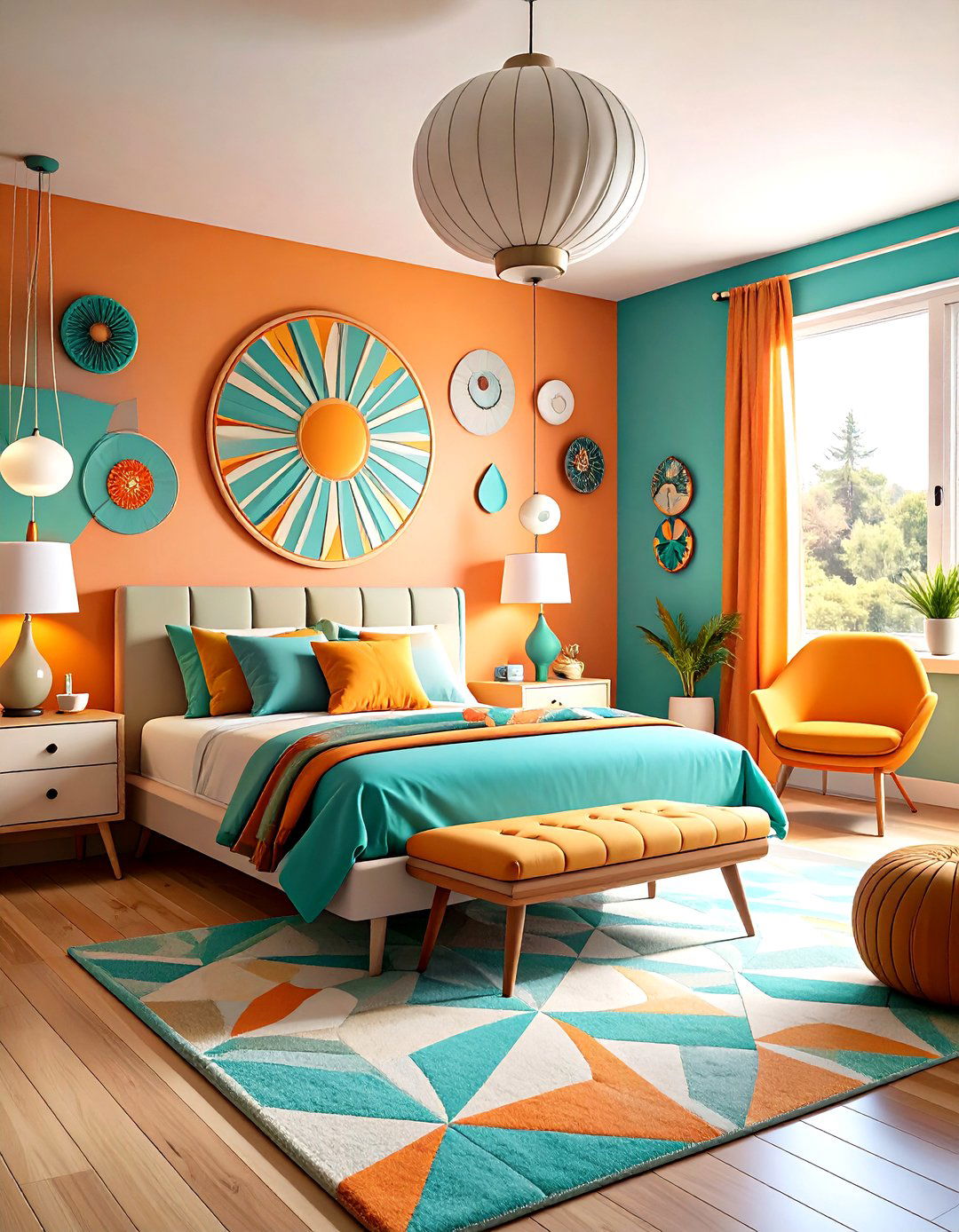 Midcentury Modern Bedroom with Sunburst Mirrors and Metallic Finishes - 20 Midcentury Modern Bedroom Decorating Ideas