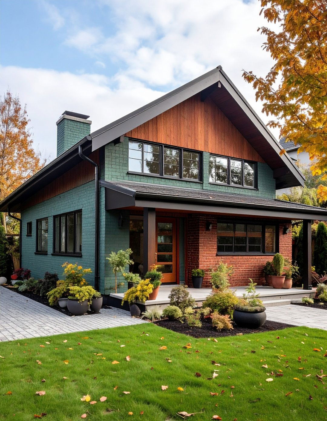 Midcentury Modern Twist - 20 Sage Green Painted Brick House Ideas