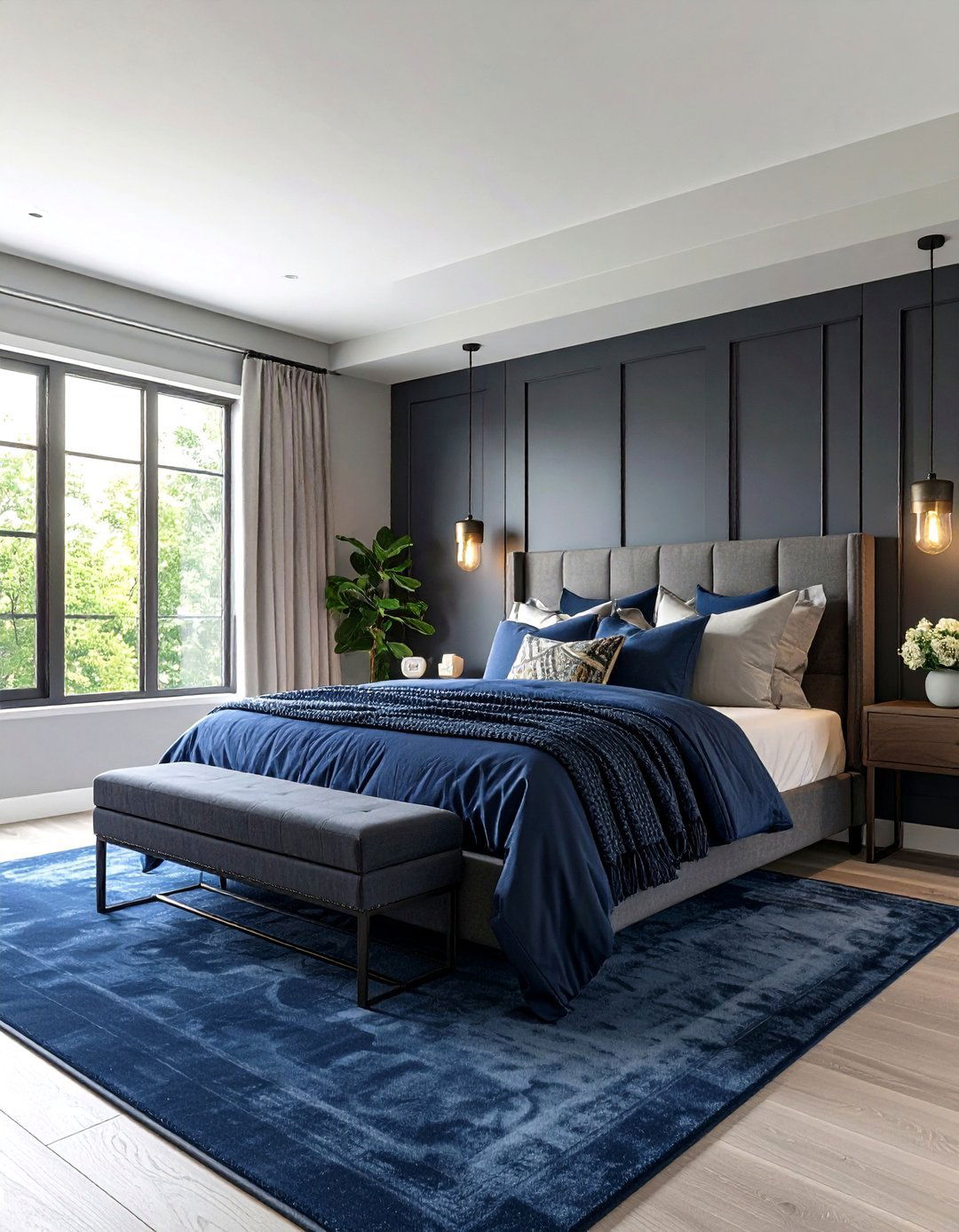 Midnight Black Accent Wall in a Blue Layered Bedroom - 20 Black and Blue Bedroom Ideas