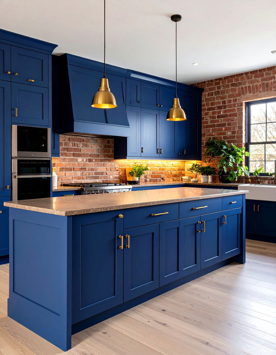 Midnight Blue Kitchen Cabinets with Brown Granite and Brass Hardware - 20 blue kitchen cabinets with brown granite countertops