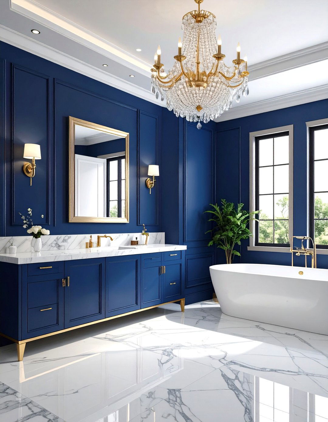 Midnight Blue Powder Room with Crystal Fixtures - 20 blue powder room ideas