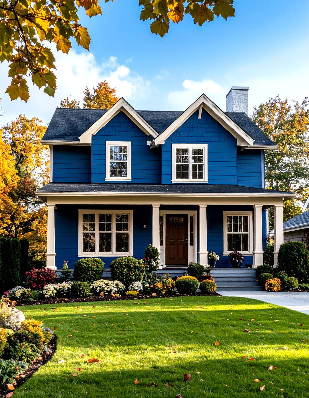 Midnight Blue Siding with Warm Cream Trim Balanced Contrast - 20 Midnight Blue & Dark Blue House Siding Colors