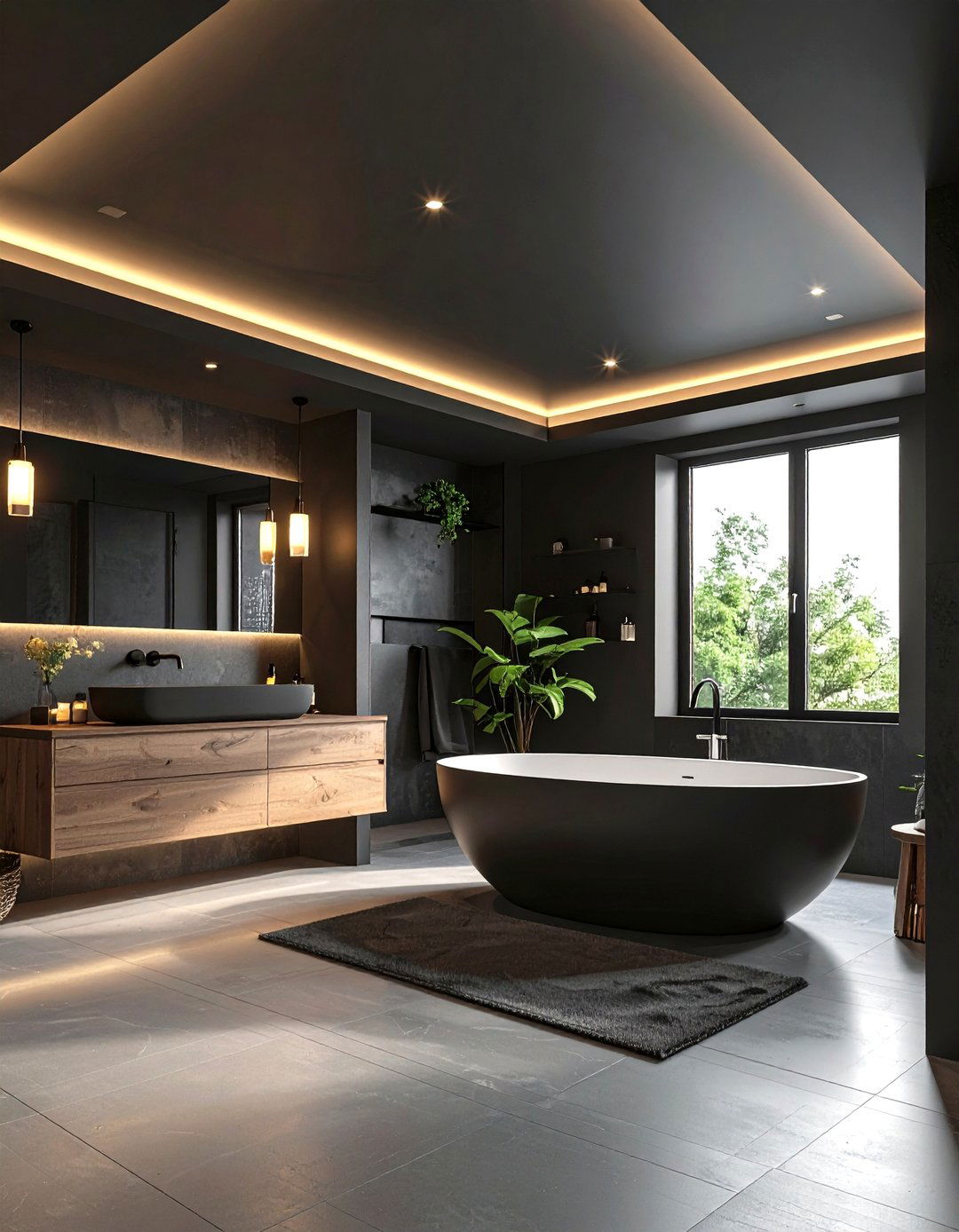Midnight Ceiling Lowers and Grounds the Space - 20 Dark Bathroom Ideas