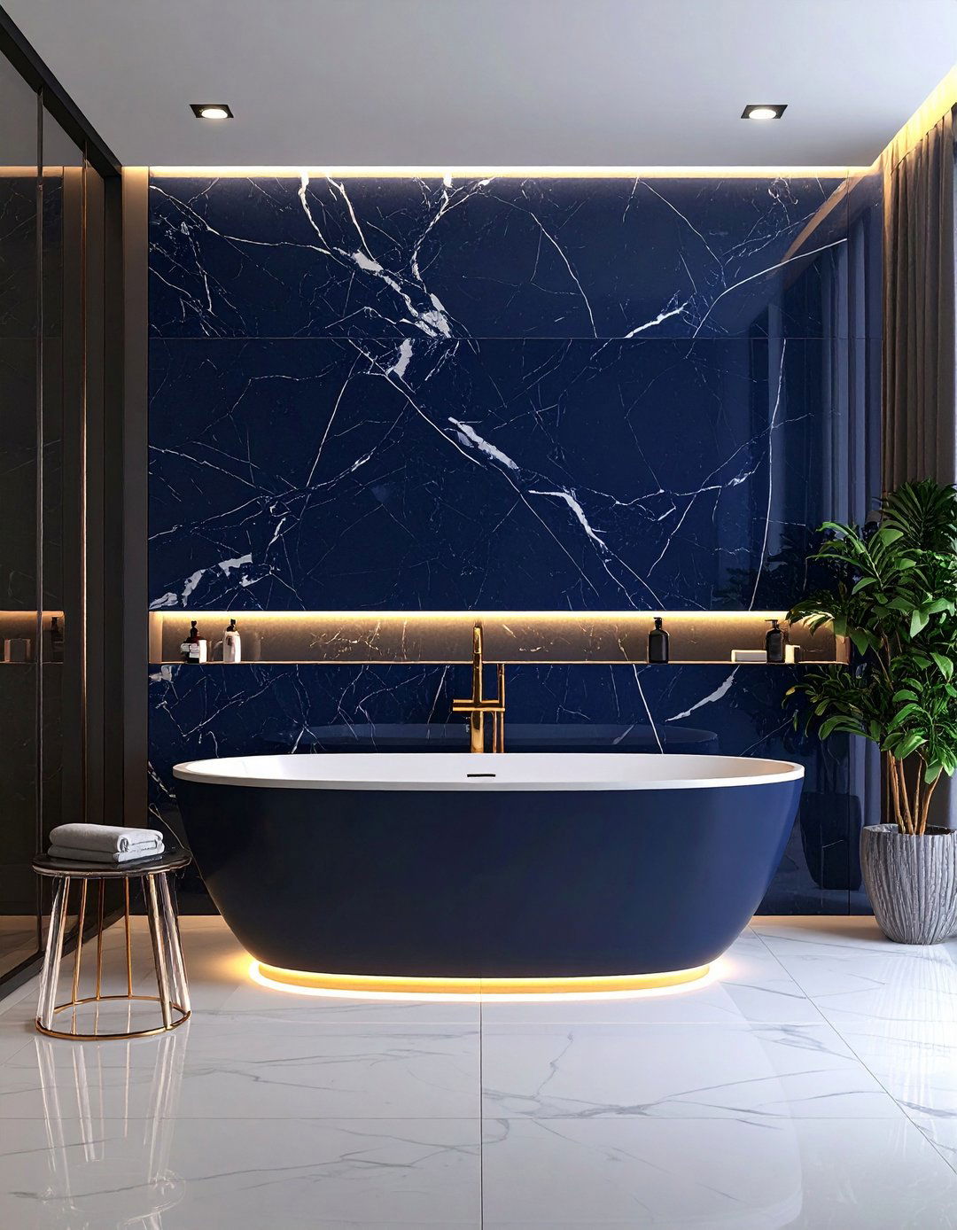 Midnight Marble Feature Wall - 20 Blue and White Bathroom Ideas