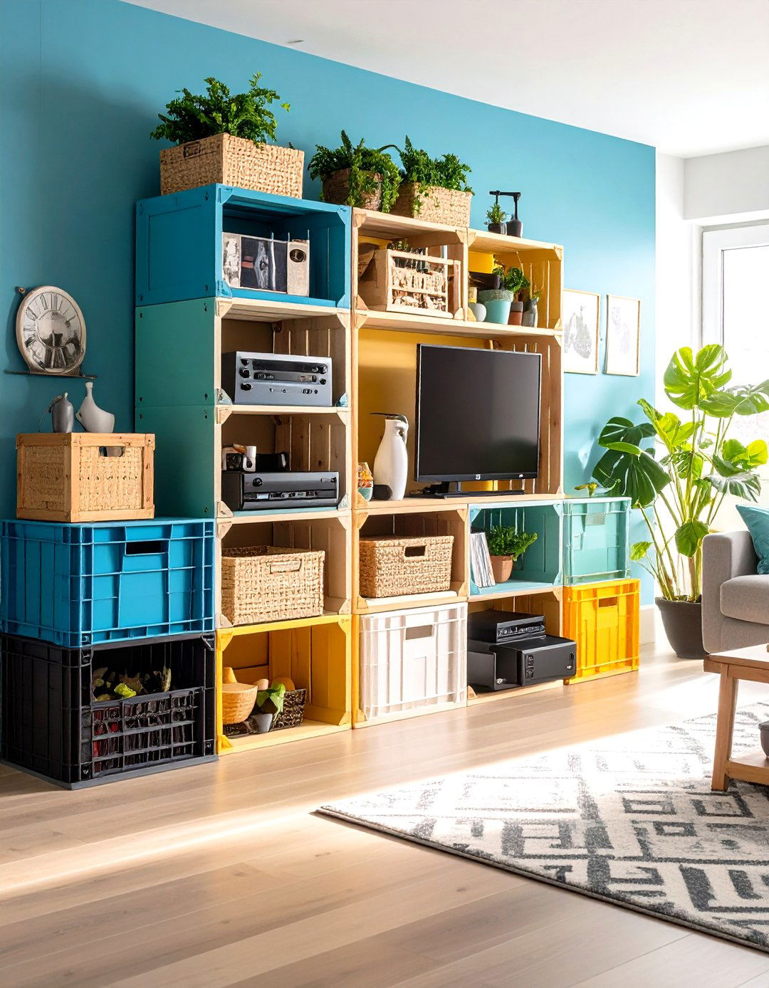 Milk Crate Entertainment Center Media Hub - 20 Milk Crate Storage Ideas