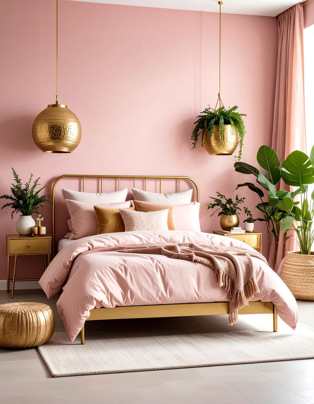 Millennial Pink Boho Bedroom with Vintage Brass Accents - 20 Pink Boho Bedroom Ideas