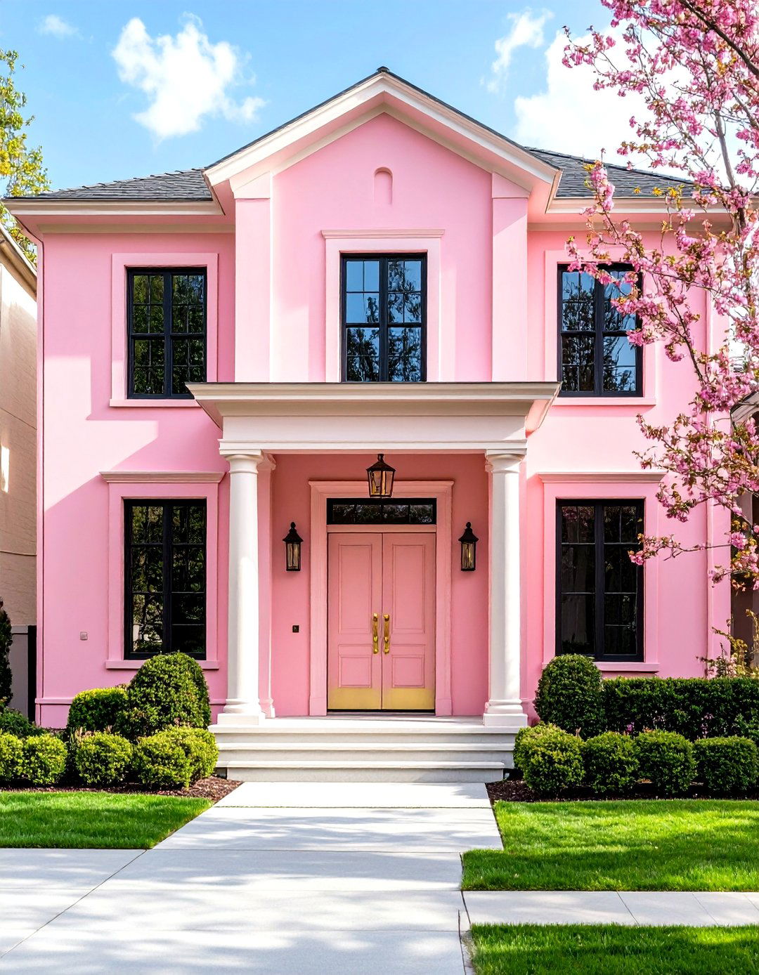 Millennial Pink House Exterior with Brass Hardware - 20 Pink House Exterior Ideas