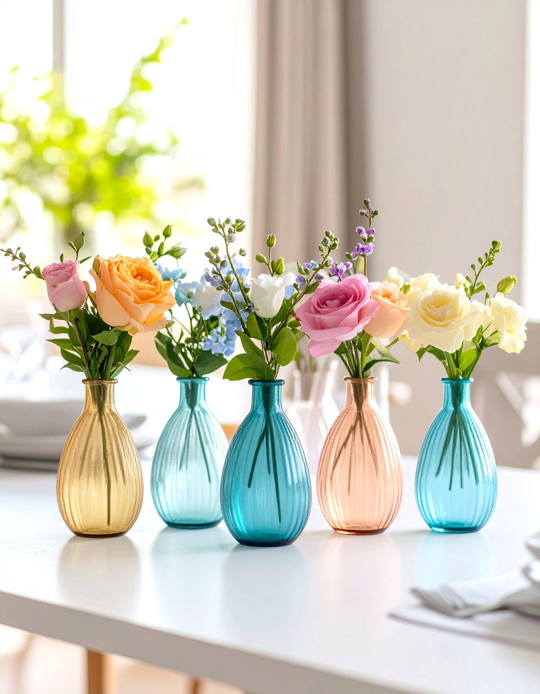 Mini Bud Vase Row in Rule of Three Rhythm - 20 Dining Table Centerpiece Ideas