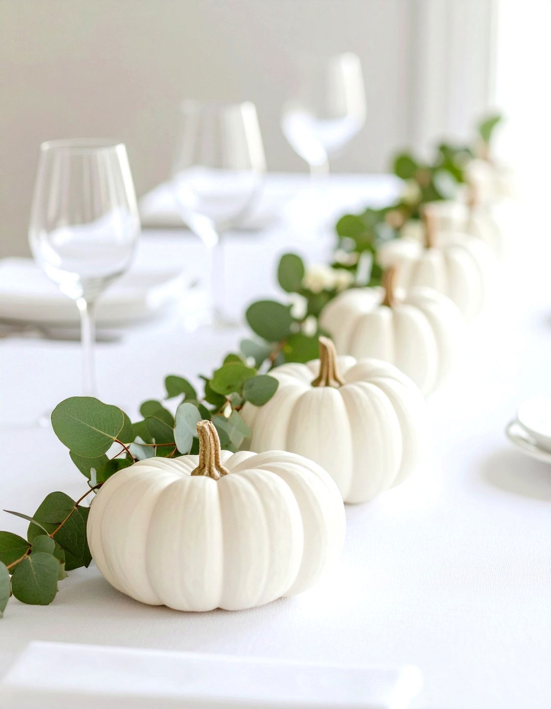 Mini White Pumpkin Row - 20 Thanksgiving Centerpiece Ideas