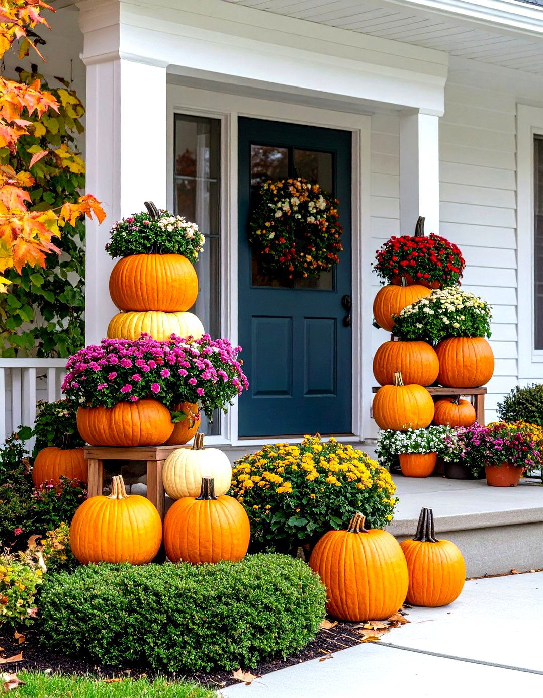 Miniature Fall Porch Topiary Tree Arrangements - 20 Fall Porch Decor Ideas