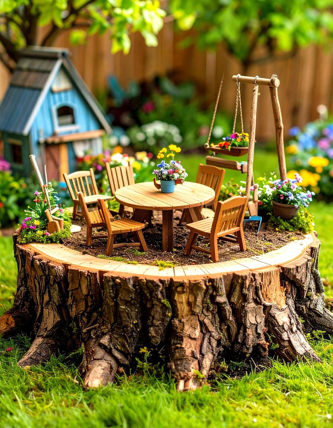 Miniature Tree Stump Garden Furniture Setup - 20 Tree Stump Fairy Garden Ideas