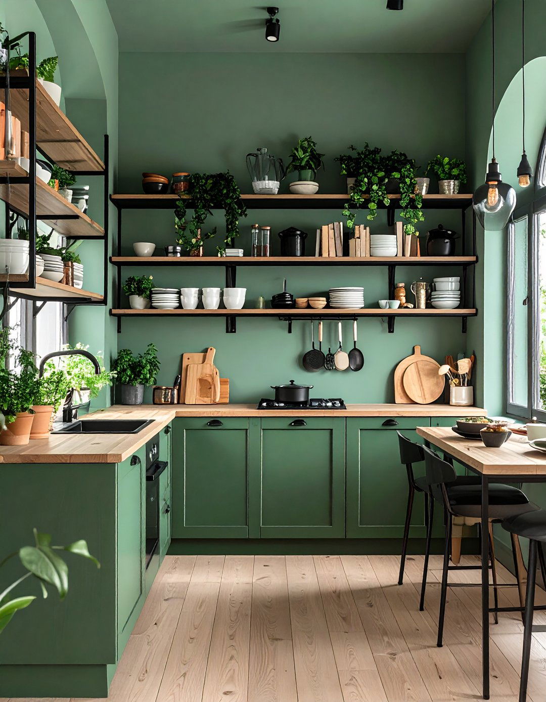 Minimalist Black Accents and Shelving - 20 Sage Green and Black Kitchen Ideas