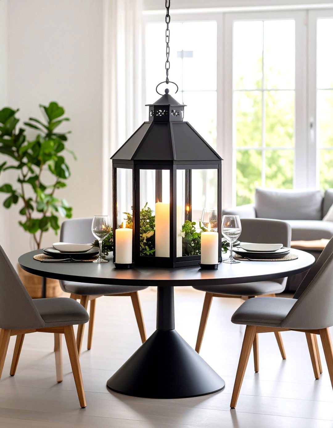 Minimalist Black Metal Lantern Centerpiece with Clean Lines - 20 Lantern Centerpiece Ideas