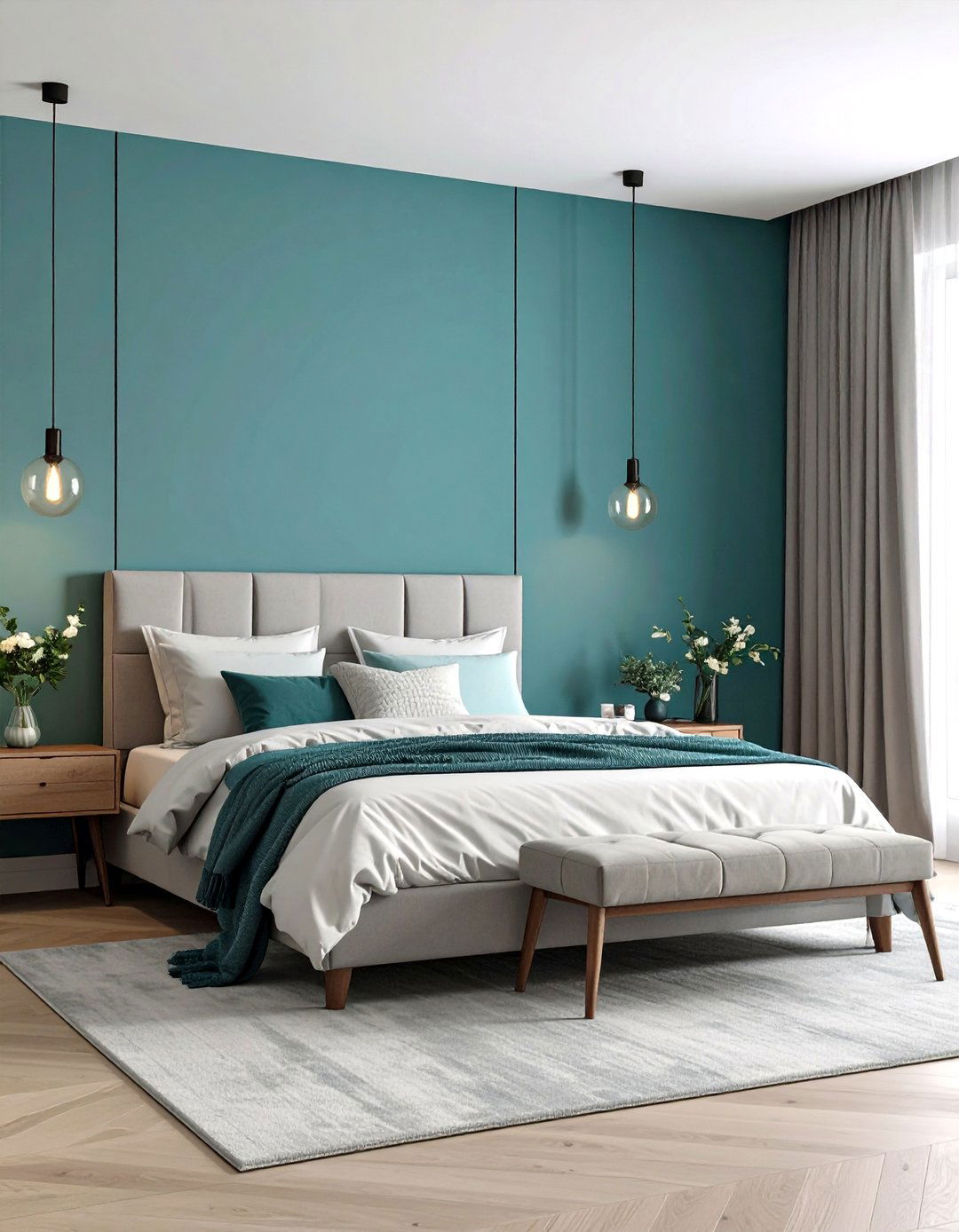 Minimalist Concrete Grey Walls and Teal Bedding - 20 Teal and Grey Bedroom Ideas