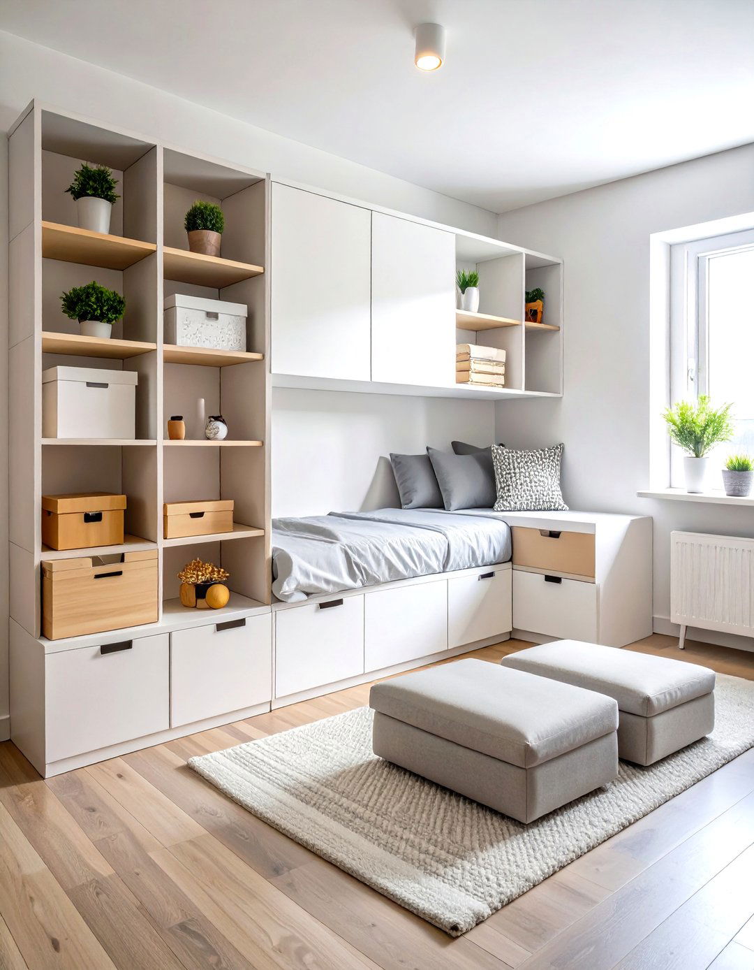 Minimalist Dorm Room with Neutral Storage Cubes - 20 Minimalist Dorm Room Ideas