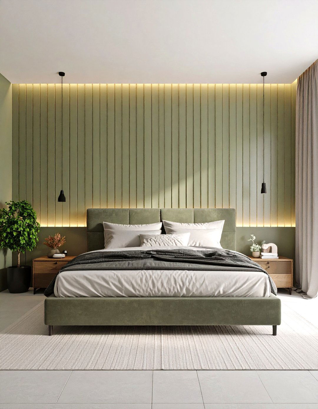 Minimalist Dusty Green Slat Wall with LEDs - 20 Green Panelling Bedroom Ideas