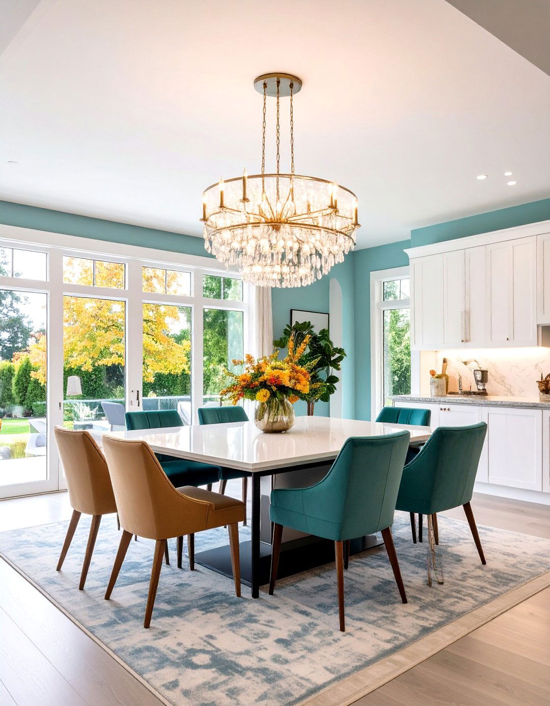 Minimalist Flat Dining Room Ceiling Highlights a Showpiece Light - 20 Dining Room Ceiling Ideas