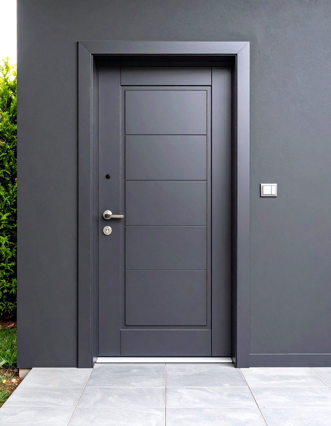Minimalist Flush Door with Hidden Pull - 20 Dark Gray Front Door Ideas